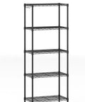 Built Like A Tank Five Tier Heavy Duty Metal Wire Shelving Rack Standing Sixty Three Inches Tall with black finish and hooks