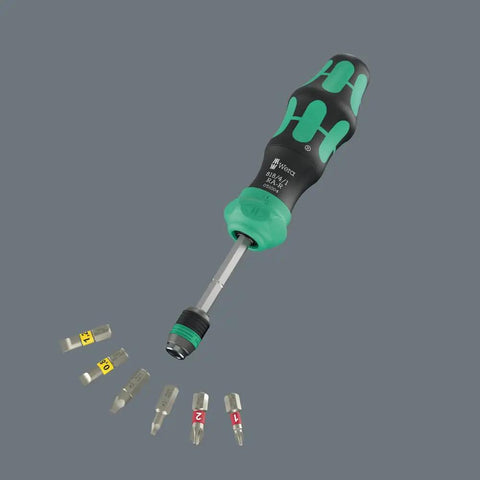 Compact 26 RA-R Ratchet Set With Pouch, showing fine-tooth ratchet handle and six detachable bits for fast turning and spinning.