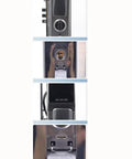 Fully Automatic Smart Door Lock Offering Slick 3D Fingerprint Recognition And Instant Remote Video Chat For Dead Simple Secure Entry Using Passcodes Swipe Cards Standard Keys close-up of fingerprint scanner and control panel features.