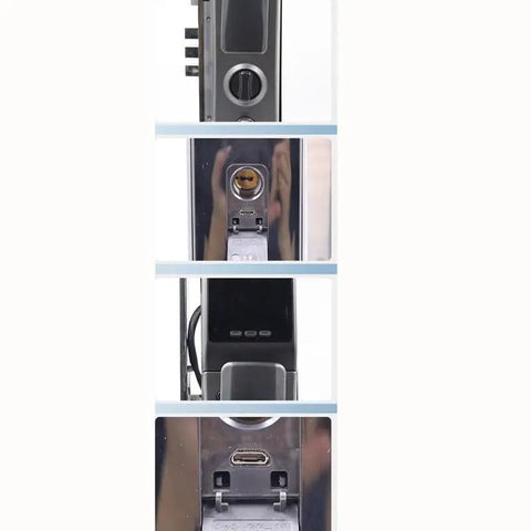 Fully Automatic Smart Door Lock Offering Slick 3D Fingerprint Recognition And Instant Remote Video Chat For Dead Simple Secure Entry Using Passcodes Swipe Cards Standard Keys close-up of fingerprint scanner and control panel features.