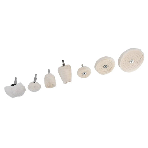 Chic 7-Piece Polishing Wheel Kit With Cotton Flannel Buffing Drill Attachments For Car Waxing And Metal Shining Easy To Use Multi-Shaped Set includes various cotton wheels.