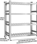 Heavy Duty Stainless Steel Four Tier Storage Shelves With Brushed Commercial Grade Finish Built Like A Tank For Kitchen Pantries Garages And Warehouses dimensions and structure view.