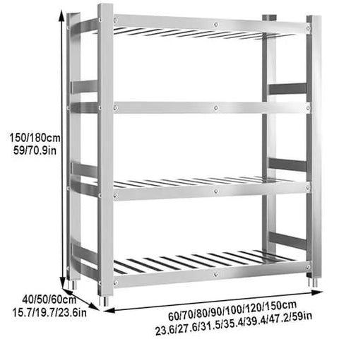 Heavy Duty Stainless Steel Four Tier Storage Shelves With Brushed Commercial Grade Finish Built Like A Tank For Kitchen Pantries Garages And Warehouses dimensions and structure view.