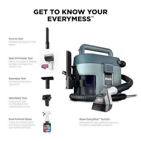 EveryMess Ultra Powerful Mess Busting 3 In 1 Wet Vacuum Dry Vacuum And Stain Eliminator With StainForce Technology displayed with accessories.