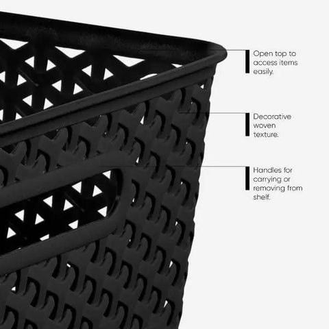 Close-up of No Sweat Home Organization Decorative Storage Basket For Cube Systems And Desk Shelves, Sturdy Plastic Woven Organizer With Total Game Changer And Clean Setup Vibes In Sleek Black Medium showing handles and woven texture.