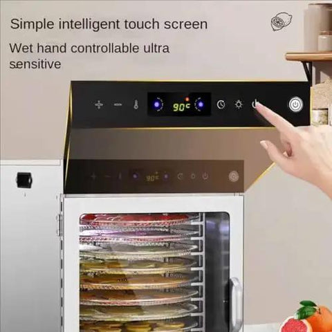 Straight Up Heavy Duty 16 Tray Commercial Stainless Steel Food Dehydrator digital touch screen with temperature controls at 90°C.