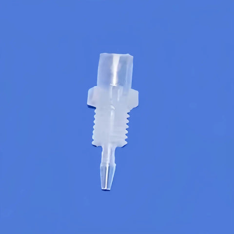 Pack Of 100 Luer Lock Bulkhead Fittings And Male Luer Connectors, Food Grade PP Plastic With Nut And Washer For Lab Liquid Transfer, 1.6 Mm 1/16 Inch, 1/4-28 UNF, 4 Parts, Leak-Resistant, Durable, translucent bulkhead fitting on blue background
