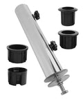 Stainless steel pole and black adapters for Heavy Duty Granite Umbrella Stand With Windproof Adjustable And DIY Friendly Industrial Grade Outdoor Umbrella Base For Patio Or Deck Stainless Steel And Granite Construction For Maximum Stability.