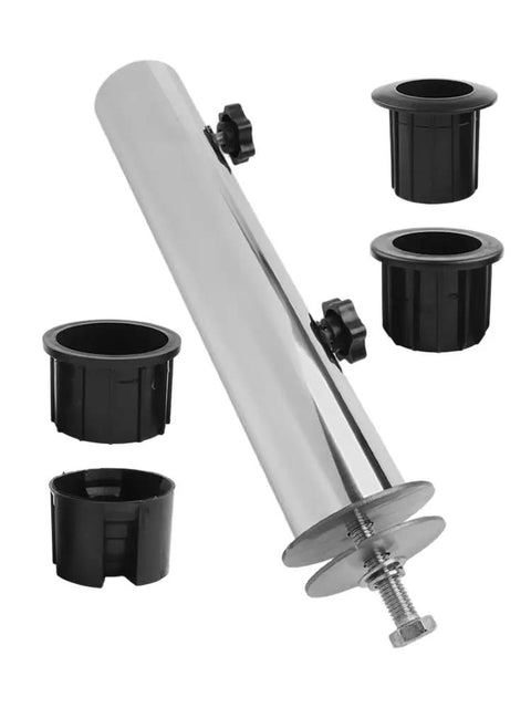 Stainless steel pole and black adapters for Heavy Duty Granite Umbrella Stand With Windproof Adjustable And DIY Friendly Industrial Grade Outdoor Umbrella Base For Patio Or Deck Stainless Steel And Granite Construction For Maximum Stability.