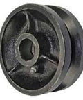 Front view of cast iron V-groove wheel, 5 in diameter, 2 in wide, 3/4 in bore, 900 lb capacity.