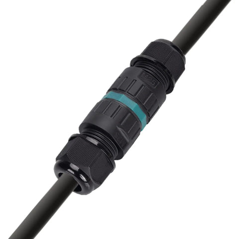 Close-up of black M25 waterproof cable connector with teal ring on a cable