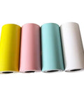 Four rolls of colorful thermal receipt paper for mini POS printers, featuring yellow, pink, blue, and white options.