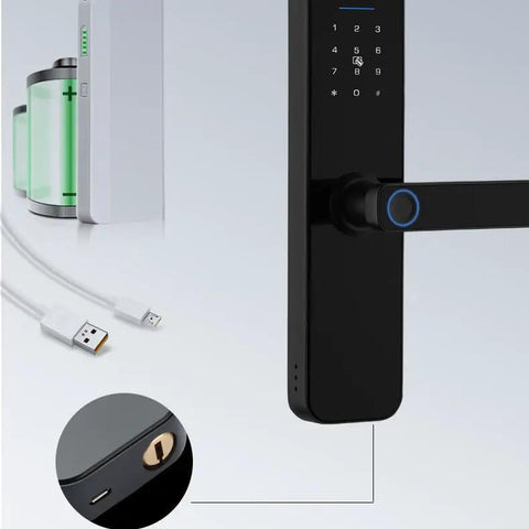 Heavy Duty Fingerprint Smart Door Lock With Waterproof Touchpad And Advanced Security Alarms For Front Entry showing black aluminum lock with keypad