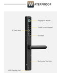 Badass Waterproof Outdoor Smart Electronic Door Lock With Slick Fingerprint App Code And Keyless Entry Designed For Hella Secure Aluminum Gates And Heavy Duty Iron Doors showing fingerprint reader, touchscreen and USB port.