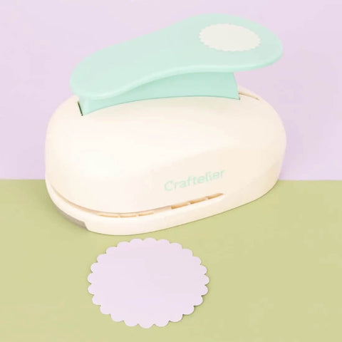 3 Inch Circle Scallop Punch With Easy Lever Press for Scrapbooking, DIY Cards and Journals, shown with a scalloped circle cutout
