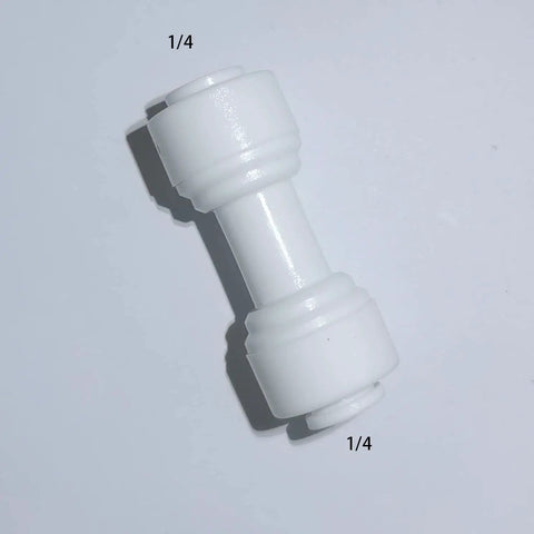 Water Purifier Straight Union Connector One Quarter Inch OD Tube Quick Push To Connect Fitting Made For Residential RO DI Water Filter Systems Durable Plastic Plumbing Connector Pack Of 100, white plastic close-up