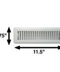 Heavy Duty Floor Register Made For 2x10 Duct Opening Walkable All Steel Construction Vent With Premium White Finish Easy Adjust Air Supply Lever And Lifetime Warranty, front view with dimensions labeled 3.75" height and 11.5" width.