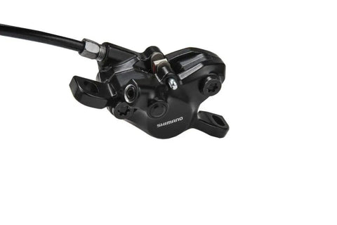 Close-up of black hydraulic disc brake setup with lever and caliper, pre-bled 1000mm hose, no rotor, no adapter.