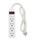 Four Outlet Power Strip With Angled Flat Plug And Short Cord For Kitchen Office Travel 250 Joules Surge Protection Lighted On Off Switch And Circuit Breaker ETL Listed Compact Space Saving Design with coiled white cord.