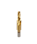 Front view of a gold-coated two-stage step drill bit with a silver shank.
