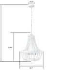 Wood Bead Chandelier Light Fixture In White Finish Farmhouse Bohemian 4 Light Empire Pendant with dimensions and chain length visible