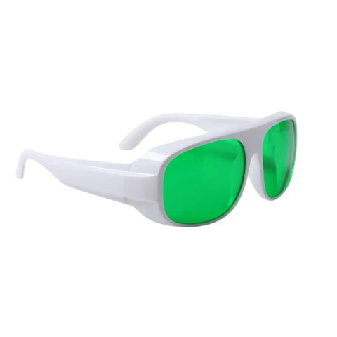 Top Shelf Red Laser Safety Glasses With Straight Up OD6 Protection And Crisp Clear Lenses Covering 620 To 700Nm For Heavy Duty Shop Use And Reliable Eye Coverage, featuring white frames and green lenses.