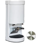 Pro Level Automatic Coffee Tamper Machine Featuring Adjustable Pressure Control Built To Reduce Wrist Strain And Help You Nail Consistent Espresso Shots Without Any Sweat Or Complicated Setup Daily in white with stainless steel plate.