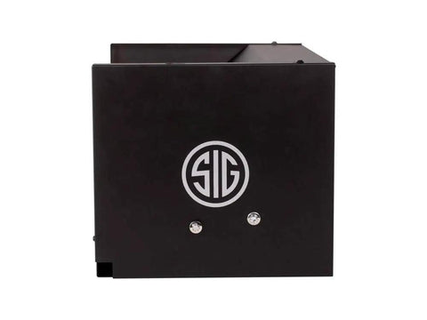 Front view of Dual Shooting Gallery Airgun Target with Knockdown Reset, all metal pellet trap system, features SIG logo.