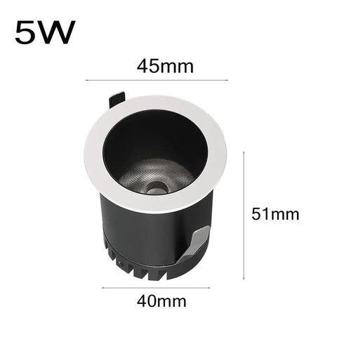 Top Notch Mini LED Downlights Recessed Lighting With Heavy Duty Aluminum Build And Zero Glare Vibes CRI 95 Plus For Crisp Even Spread Super Quick Snap Fit Setup Five Pack Daylight White dimensions showing size and design of 5W downlight.