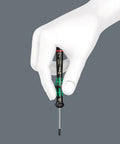 Hand holding Kraftform Micro Hex Screwdriver For Precision Electronics Anti Roll Handle With Swivel Cap Black Point Tip