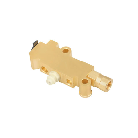 PV2 brake proportioning valve, brass finish with multiple inlet/outlet ports and a white adjustment knob, angled view