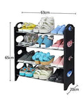 Four Tier Shoe Rack Organizer Vertical Entryway Storage Shelf Featuring Solid Plastic Frame with various colorful shoes displayed.