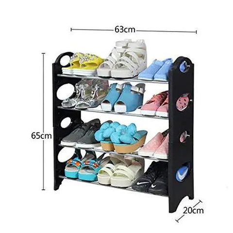 Four Tier Shoe Rack Organizer Vertical Entryway Storage Shelf Featuring Solid Plastic Frame with various colorful shoes displayed.