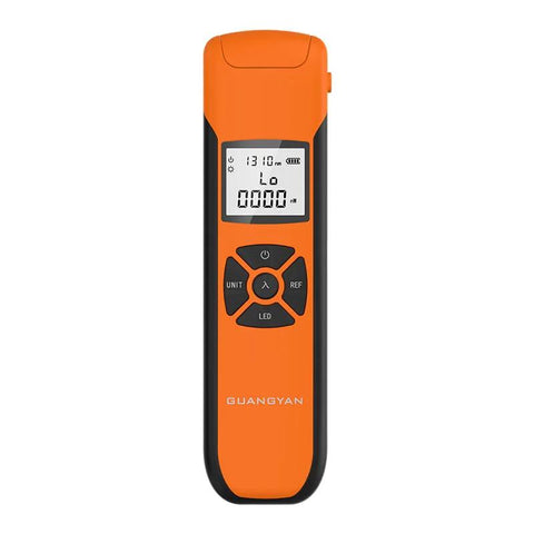 Orange handheld fiber optic power meter showing display screen, buttons, for field techs, Fiber Optic Power Meter For Testing With Seven Wavelengths Minus 70 To Plus 10 dBm Range Rechargeable Battery USB Charging Universal SC FC ST Interfaces Auto Wavelength Attenuation Identification Compact OPM For Field Techs