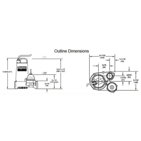 Outline dimensions diagram of Heavy Duty Submersible Sump Pump With 3/4 HP Cast Iron Build, 1 1/2 Inch NPT Port.