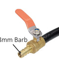 Extended Tank Drain Assembly Kit With Quarter NPT Elbow, 8mm barb brass ball valve, nylon tubing, air compressor setup.