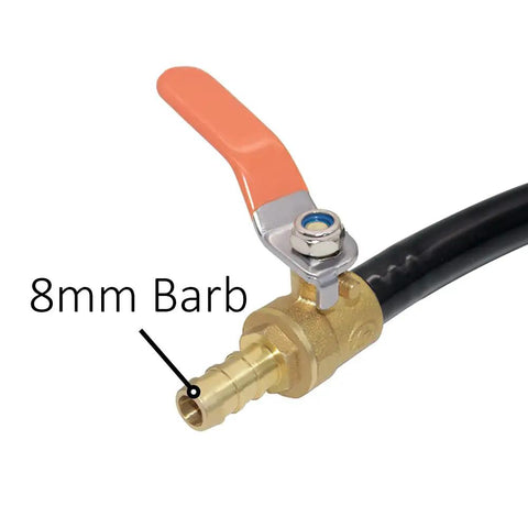 Extended Tank Drain Assembly Kit With Quarter NPT Elbow, 8mm barb brass ball valve, nylon tubing, air compressor setup.