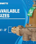 Watts LF25AUB-Z3 water pressure reducing valve side view with two NPT female unions, 3/4 inch, polymer seat