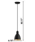 Image of Priddy 1-Light Mini Pendant With Steel Shade Black And Gold For Kitchen Island Hallway And Dining Room Sleek Dope Modern LED Compatible 60W 82 In Adjustable Hanging Light Fixture showing full length and size dimensions.