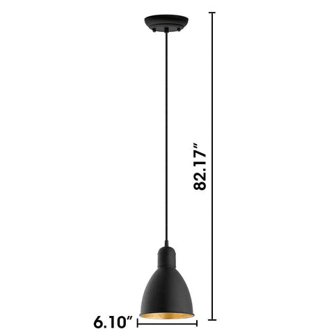 Image of Priddy 1-Light Mini Pendant With Steel Shade Black And Gold For Kitchen Island Hallway And Dining Room Sleek Dope Modern LED Compatible 60W 82 In Adjustable Hanging Light Fixture showing full length and size dimensions.