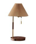 USB Wireless Charging Desk Lamp With Wood And Gold Finish, featuring pleated fabric shade and wooden base with USB charger.