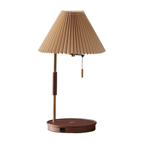 USB Wireless Charging Desk Lamp With Wood And Gold Finish, featuring pleated fabric shade and wooden base with USB charger.