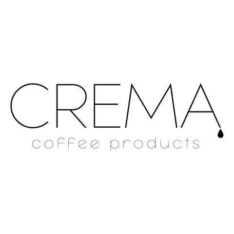 Logo of Crema Coffee Products with black typography on a white background, representing quality coffee tools.