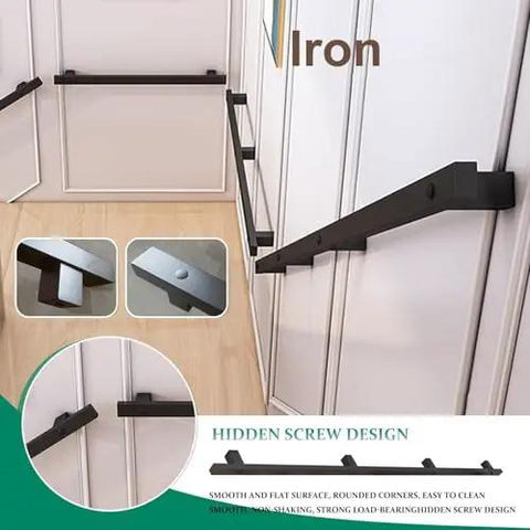 Heavy Duty Black Wrought Iron Stair Railing With Sick Super Grippy Treads For Indoor Outdoor All Weather Home Safety No Sweat Mount For Attic Porch Deck showing hidden screw design.