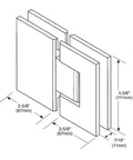Diagram of Victoria 180 Degree Glass-To-Glass Shower Hinge in polished chrome for 3/8 to 1/2 inch tempered glass installation.