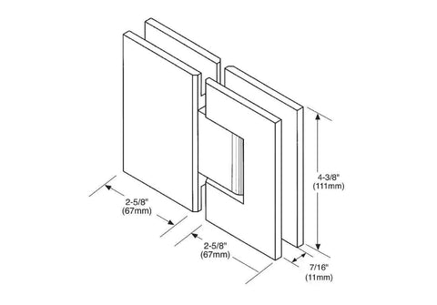 Diagram of Victoria 180 Degree Glass-To-Glass Shower Hinge in polished chrome for 3/8 to 1/2 inch tempered glass installation.