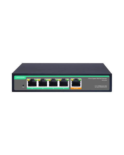 Front view of 4 Port PoE Passthrough Switch And Extender with 90W input, four PoE output ports, IEEE 802.3af/at/bt for IP cameras and VoIP phones.