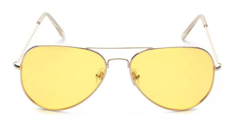 Top Shelf Anti Glare Night Vision Polarized Aviator Sunglasses Decked Out In Sleek Gold Frames And Bright Yellow Lenses front view.