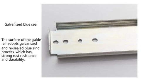 Close-up of a galvanized blue zinc guide rail for Zero Fuss Full Extension Drawer Slides 12 Inch Ball Bearing Guide Tracks.