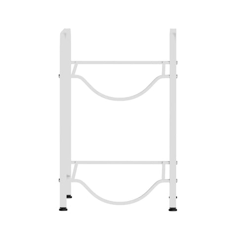 Front view of a Two Tier Water Jug Stand For 5 And 3 Gallon Bottles, Space Saving Steel Rack, Sturdy White Finish